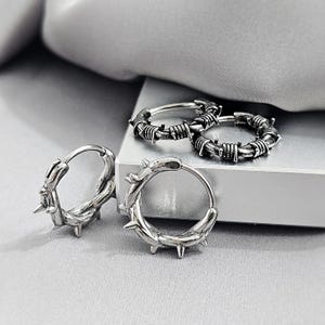 Barbed Wire Small Steel Hoop Earrings, Cool Edgy Emo Gothic Hoop Earrings for Men, Surgical Steel Boho Grunge Punk Jewelry Gift for Him Barbed+Thorn/2PAIRS