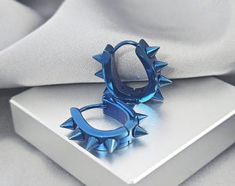 Blue Spikes Oval Huggie Hoops Steel Earrings, Punk Surgical Steel Huggies Earrings, Edgy Hoop Earrings, Gothic Grunge Emo Men Hoop Earrings