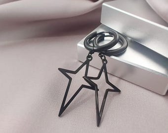 Black Cross Star Drop Huggie Hoop Earrings, North Star Surgical Steel Earrings, Celestial Hoop Dangle Earrings Gift