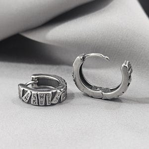 Wide Wood Texture Small Huggie Hoops Earrings,316L Surgical Steel Men's Clicker-Hinged Hoop Earrings, Cool Rustic Style Jewelry Gift for Men image 5