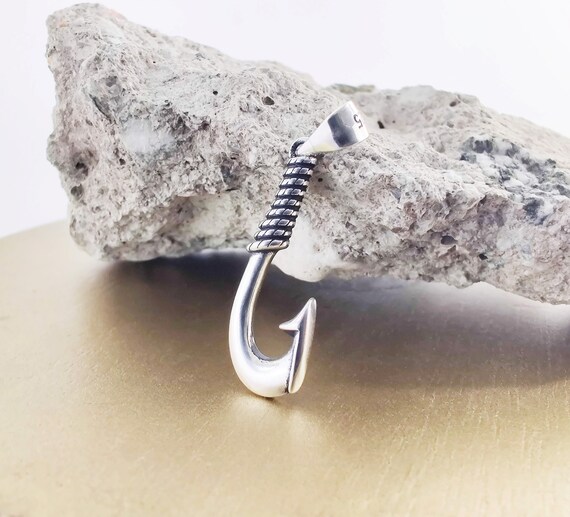 Fish Hook Silver Pendant Necklace, Hook 925 Sterling Silver Jewelry, Hawaiian Fish Hook Unique Silver Necklace Gift