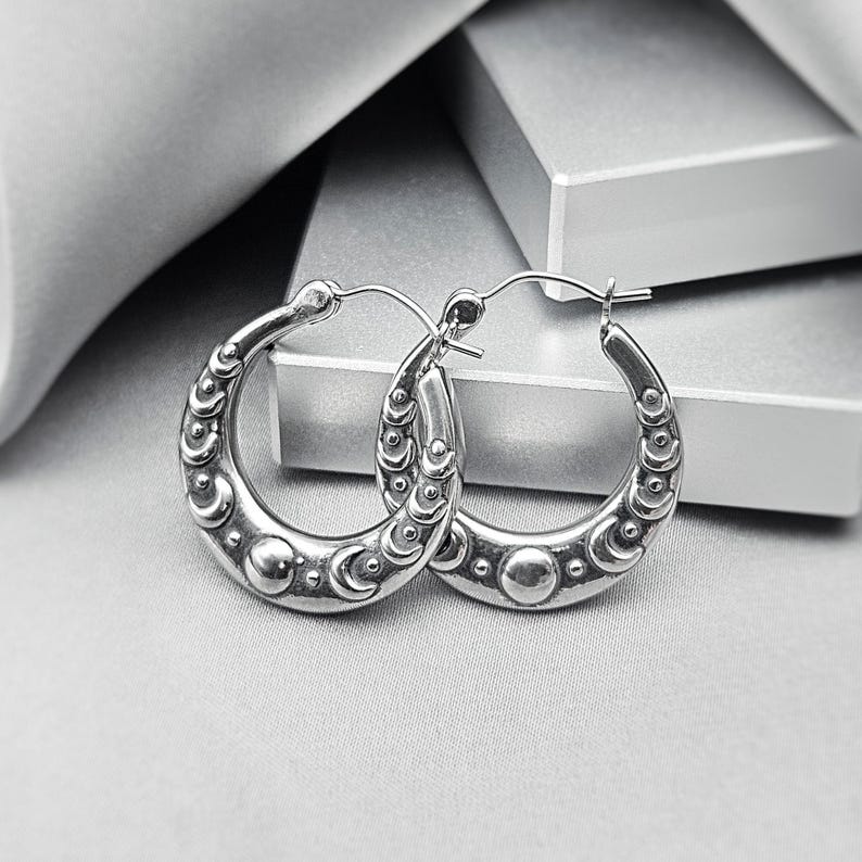 Moon Phase Hoops Earrings Surgical Steel Celestial Jewelry Gift Emo Punk Grunge Moon Earrings Boho Moon Stars Hoop Earrings Gift for Her