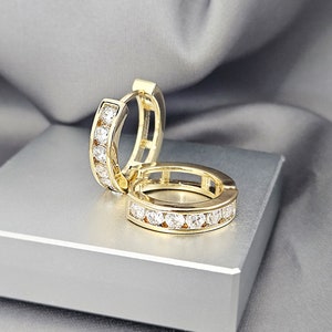 Crystals Gold Huggies Hoop Earrings, Cubic Zirconia Hoops, CZ Channel Set Hoop Earrings, Diamond Small Gold Hoops Jewelry Gift for Mom