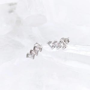3 Tier Bars CZ Silver Stud Earrings, Cubic Zirconia 925 Sterling Silver Earrings, Geometric Minimalist Silver Post Studs Gift