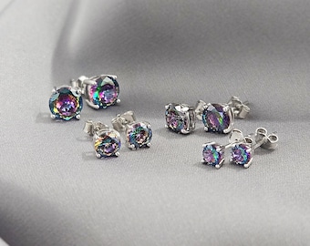 Classic Round Mystic Topaz Silver Stud Earrings, Rainbow CZ 925 Sterling Silver Earrings, Minimalist Crystal Stud Earrings Jewelry Gift