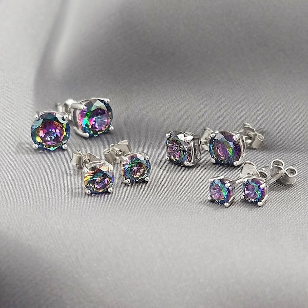 Classic Round Mystic Topaz Silver Stud Earrings, Rainbow CZ 925 Sterling Silver Earrings, Minimalist Crystal Stud Earrings Jewelry Gift