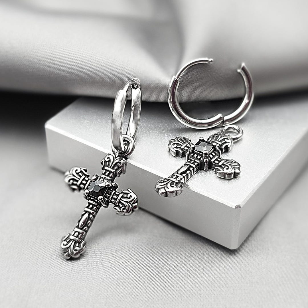 Gothic Black CZ Cross Charm Hoop Earrings Christian Faith Vintage