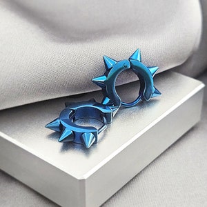 Tiny Spike Blue Pair Hoop Huggies Steel Earrings, Punk Surgical Steel Huggies Earrings, Small Hoop Earrings, Helix Earrings Cartilage Hoop