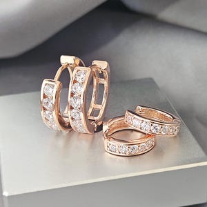 Crystals Rose Gold Huggies Hoop Earrings Cubic Zirconia Cartilage Hoops CZ Channel Set Small Hoop Earrings Rose Gold Jewelry Gift