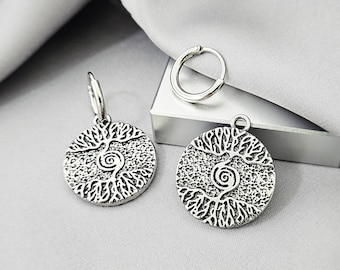 Tree of Life Charm Huggie Hoop Earrings, 2 in 1 Removable Boho Charm Dangle Drop Hoop Earrings, Surgical Steel Plant Lover Jewelry Gift