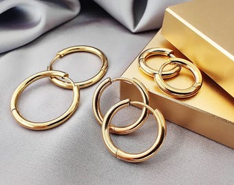 2.5MM Classic Gold Hoop Earrings, 316L Surgical Steel Simple Gold Plated Hoops, Hinged Snap on Clicker Plain Hoop Earrings Jewelry Gift