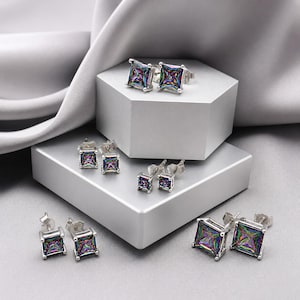 Square Mystic Topaz Silver Stud Earrings Princess Cut Rainbow CZ 925 Sterling Multi Piercing Silver Earrings Colorful Crystal Jewelry Gift