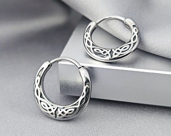 Flat Sides Celtic Surgical Steel Huggie Hoops Earrings Celtic Jewelry Gift Men Cool Irish Earrings Gift Him Edgy Viking Unique Earrings Gift