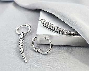 Long Horn Charm Small Hoop Earrings, 2 in 1 Removable Surgical Steel Dangle Drop Hoop Earrings, Cool Edgy Emo Grunge Jewelry Gift for Men