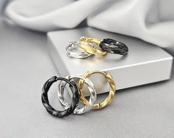 Simple Twisted Small Gold Black Steel Huggie Hoop Earrings Surgical Steel Boho Textured Cartilage Hoop Minimalist Tiny Modern Jewelry Gift