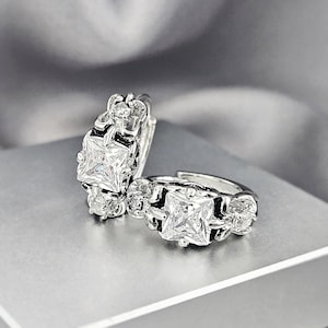 Rock & Roll Square CZ Hoop Huggies Earrings, Gothic Cubic Zirconia Huggies, Crystal Hoop Earrings, Antique CZ Men Hoop Earrings Jewelry Gift