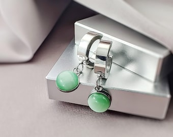 Jade Charm Dangle Huggies Hoop Earrings, 316L Surgical Steel Drop Huggies, Stone Charm Drop Hoop Earrings,