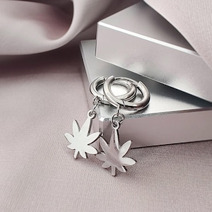 Marijuana Leaf Dangle Huggie Hoop Earrings, 316L Surgical Steel Plant Leaf Drop Huggies, Pot Leaf Small Hoop Earrings with Charm