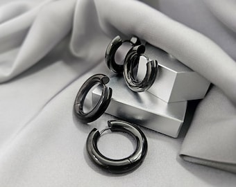 Edgy dikke zwarte dikke oorringen, punkrock 316L chirurgisch staal gewaagde hoepels, coole klikbare zwarte herenoorbellen sieraden cadeau