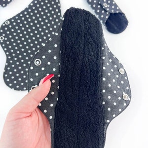 Black polka dot reusable sanitary towels, organic toweling- 100% cotton, cloth pads for every flow,  leakproof bamboo panty liner