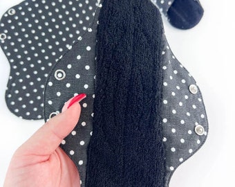 Black polka dot reusable sanitary towels, organic toweling- 100% cotton, cloth pads for every flow,  leakproof bamboo panty liner