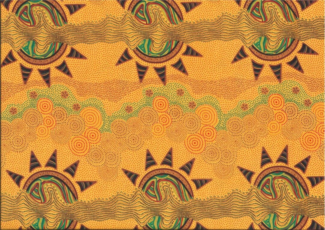 Aboriginal Australian Fabric Sunset Night Dreaming Yellow 100 Cotton