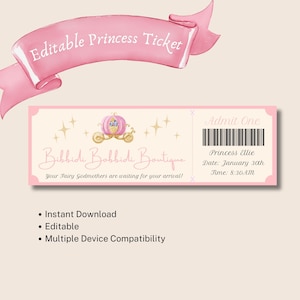 Entrada editable para la Boutique Bibbidi Bobbidi, Entrada para la Sorpresa de la Princesa, Entrada editable para WDW, Entrada para el Cambio de Imagen de la Princesa