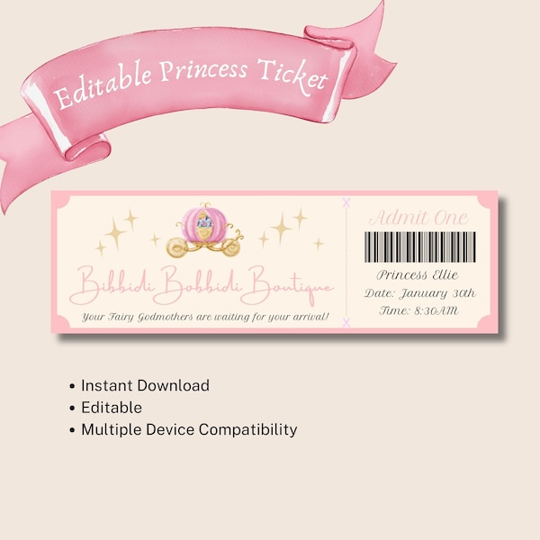 Editable Bibbidi Bobbidi Boutique Ticket, Princess Surprise Ticket, Editable Ticket, Princess Boutique, Ticket Digital File PDF, Princess