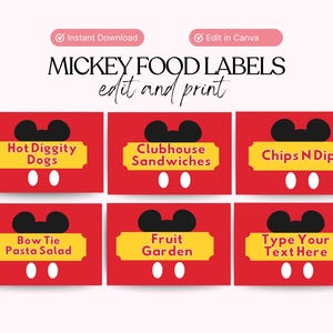 Afdrukbare Mickey-voedseletiketten, Mickey-verjaardagskaart, Mickey-voedseletiketten, Mickey-feestdecoratie