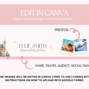 Puede incluir: Plantilla de encabezado de Canva personalizable con fondo rosa claro. El dise&ntilde;o incluye el texto "EDIT IN CANVA" y "PHOTOS". Presenta una ilustraci&oacute;n de castillo, fotos de muestra y el texto "ELLIE SMITH Magical Mickey Vacations".