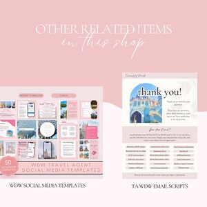 Puede incluir: Plantillas digitales rosas para agentes de viajes de WDW. La imagen incluye 50 plantillas de Instagram y plantillas de Canva. La imagen tambi&eacute;n incluye scripts de correo electr&oacute;nico. El texto de la imagen dice "&iexcl;Gracias!" y "Otros art&iacute;culos relacionados en esta tienda."