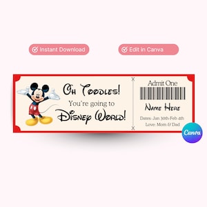 Puede incluir: Una invitación estilo boleto con borde rojo y el texto "Oh Toodles! You're going to Disney World!". Presenta a Mickey Mouse. El boleto incluye "Admit One" y "Name Here" con fechas.