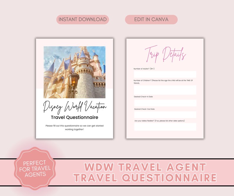 WDW Travel Agent Questionnaire, WDW Travel Agent Template, Travel Agent Questionnaire Form, Travel Questionnaire image 1