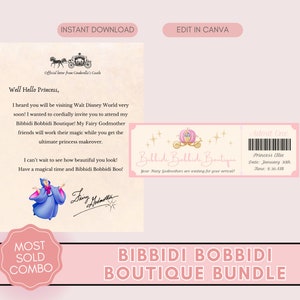 Boutique Bibbidi Bobbibi, Ingresso Princesa, Carta da Fada Madrinha, Carta da Cinderela, Convite para Transformação de Princesa, Ingresso WDW