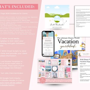May include: A collection of Disney World travel agent resources, including a guidebook, social media templates, email scripts, and client reminders. The image features a pink and white color scheme with text and graphics.