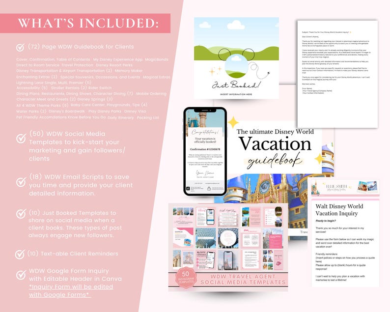 May include: A collection of Disney World travel agent resources, including a guidebook, social media templates, email scripts, and client reminders. The image features a pink and white color scheme with text and graphics.