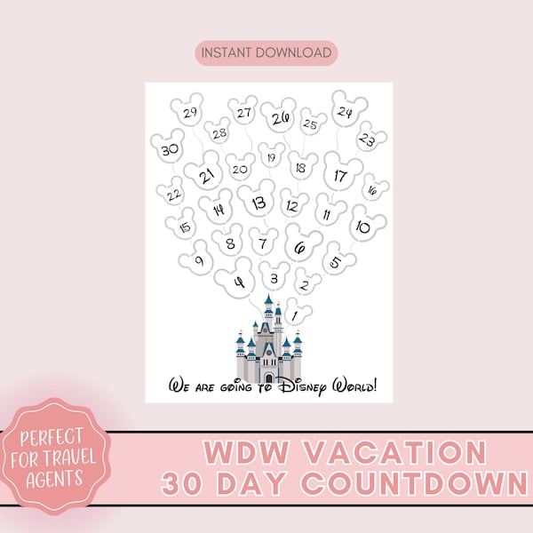 WDW Countdown, 30 Day WDW Countdown, Mickey and Minnie Countdown, WDW Coloring Countdown, Magical Countdown Instant Download