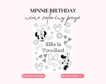 Könnte beinhalten: Schwarz-weißes Malbuch mit Minnie Maus und dem Text "Minnie Birthday name coloring page" und "Ellie is Twodles!"