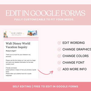 Puede incluir: Una plantilla de Google Forms rosa y blanca para una consulta de vacaciones en Walt Disney World. La plantilla incluye secciones editables para redacci&oacute;n, gr&aacute;ficos, colores, fuente e informaci&oacute;n adicional. El texto dice "Editar en Google Forms" y "Gratis para editar en Google Forms".