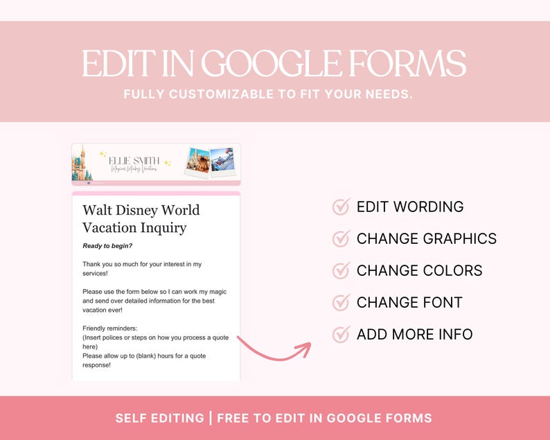 Puede incluir: Una plantilla de Google Forms rosa y blanca para una consulta de vacaciones en Walt Disney World. La plantilla incluye secciones editables para redacci&oacute;n, gr&aacute;ficos, colores, fuente e informaci&oacute;n adicional. El texto dice "Editar en Google Forms" y "Gratis para editar en Google Forms".