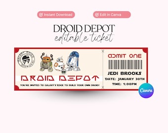 Biglietto personalizzato per il deposito dei droidi, biglietto per una vacanza a sorpresa, biglietto modificabile