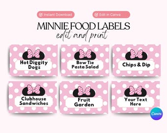 Peut inclure: Étiquettes alimentaires roses à pois avec un nœud noir et du texte. Les étiquettes indiquent "Hot Diggity Dogs", "Bow Tie Pasta Salad", "Chips & Dip", "Clubhouse Sandwiches", "Fruit Garden" et "Your Text Here".