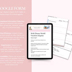 Puede incluir: Un formulario de consulta digital para agentes de viajes que se muestra en una tableta, con un fondo rosa y texto que describe los beneficios de usar el formulario. El formulario se titula "Walt Disney World Vacation Inquiry".