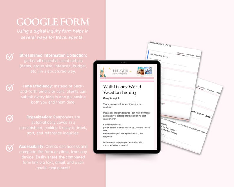 Puede incluir: Un formulario de consulta digital para agentes de viajes que se muestra en una tableta, con un fondo rosa y texto que describe los beneficios de usar el formulario. El formulario se titula "Walt Disney World Vacation Inquiry".