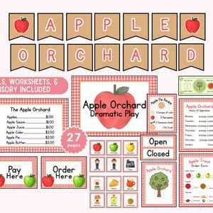Puede incluir: Un set imprimible de juego dramático de huerto de manzanas que incluye un cartel, letreros, hojas de trabajo y etiquetas. Presenta gráficos de manzanas rojas, bordes de cuadros vichy rojos y blancos y texto como Apple Orchard.