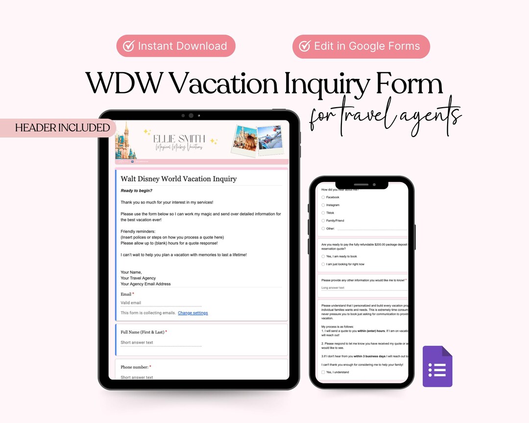WDW Vacation Inquiry Google Form Template for Travel Agents (digital ...