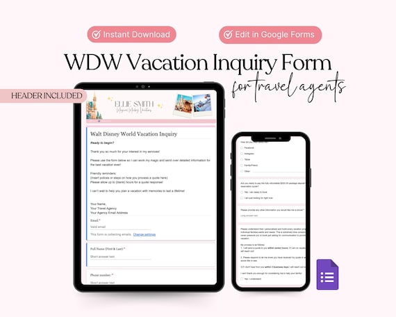 WDW Vacation Inquiry Google Form Template for Travel Agents (Digital Download)