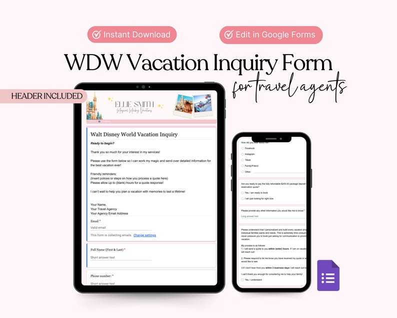 Plantilla de formulario de Google para consultas de vacaciones en WDW para agentes de viajes (descarga digital) imagen 1