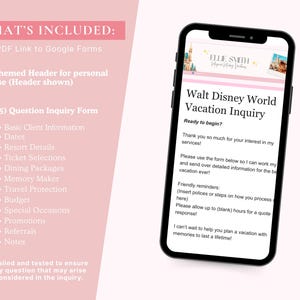 Puede incluir: Un tel&eacute;fono inteligente muestra un formulario de consulta de vacaciones en Walt Disney World. El formulario incluye secciones para informaci&oacute;n del cliente, fechas, detalles del resort y m&aacute;s. La imagen tambi&eacute;n muestra una lista de elementos incluidos y un fondo rosa.