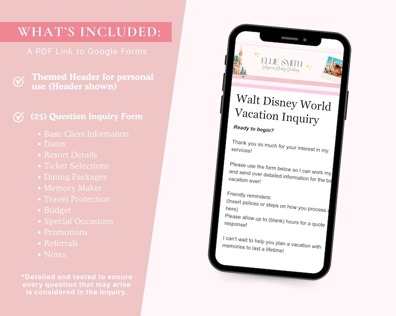 Puede incluir: Un tel&eacute;fono inteligente muestra un formulario de consulta de vacaciones en Walt Disney World. El formulario incluye secciones para informaci&oacute;n del cliente, fechas, detalles del resort y m&aacute;s. La imagen tambi&eacute;n muestra una lista de elementos incluidos y un fondo rosa.